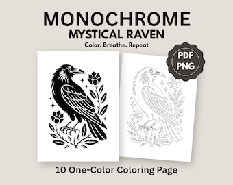 Livre de coloriage monochrome pour soulager le stress, corbeau, coloriage adulte minimal, imprimable (10 PDF PNG)