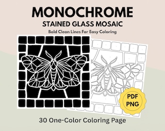 Monochrome Stained Glass Mosaic Coloring Book, Adult Coloring Pages, One-Color Colorings, Printable Digital Download(30 PDF PNG Bundle)