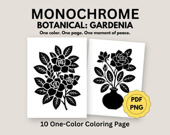 Monochroom Gardenia-kleurboek, minimalistische bloemsierkunst, eenvoudige kleurplaten voor volwassenen (10 pdf, png)