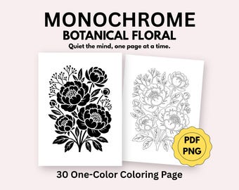 Monochrome bloemenkleurplaten, botanische lijntekeningen, eenvoudige kleurplaten voor volwassenen (30 pdf, png)