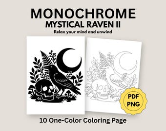 Monochroom mystieke raaf kleurboek, mindful eenvoudige kleurplaten voor volwassenen (10 pdf, png digitale download)