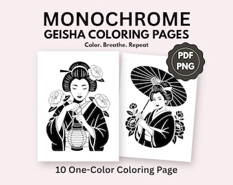 Livre de coloriage monochrome art geisha, minimaliste imprimable (10 PDF PNG)