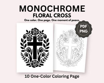Croix florale monochrome à colorier, art chrétien, soulagement du stress (10 PDF PNG)