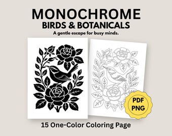 Monochroom vogels en botanisch kleurboek, eenvoudige kleurplaten voor volwassenen (15 pdf, png, direct downloaden)