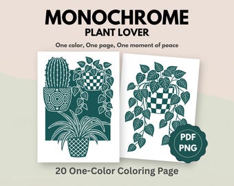 Livre de coloriage monochrome pour amoureux des plantes, art botanique, soulagement du stress (lot de 20 fichiers PNG au format PDF)