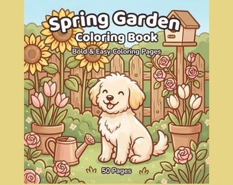 Lentetuin kleurboek, 50 gewaagde gemakkelijke pagina's, gezellige scène, eenvoudige kleurplaten voor volwassenen (pdf JPG direct downloaden)