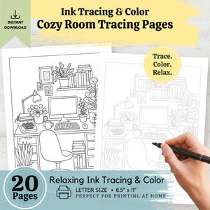 May include: A set of 20 printable tracing pages titled Ink Tracing & Color Cozy Room Tracing Pages. Each page features a black and white line drawing of a home office with a desk, computer, typewriter, and plants. The pages are 8.5 inches by 11 inches.