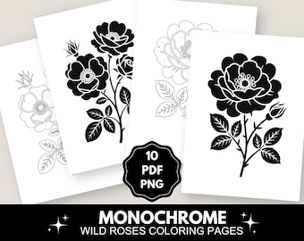 Livre de coloriage monochrome pour soulager le stress, coloriage adulte minimal, imprimable floral (10 PDF PNG)