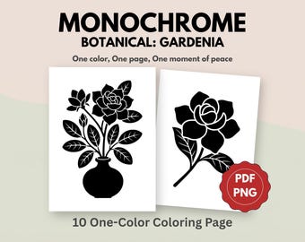 Livre de coloriage monochrome gardénia, art floral minimaliste, soulagement du stress (10 PDF PNG)
