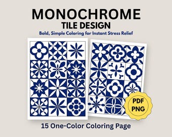 Monochroom tegelkleurboek, gedurfde geometrische ontwerpen, eenvoudige kleurplaten voor volwassenen (15 pdf, png)