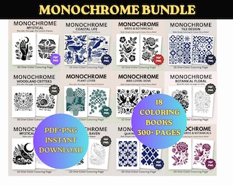 Monochroom kleurboekbundel | 18 boeken, 300+ pagina's, eenvoudige kleurplaten voor volwassenen (digitale download)
