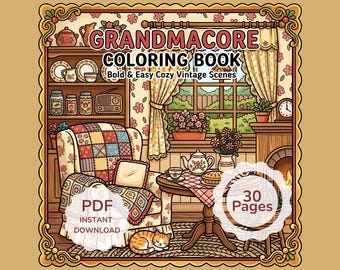 Grandmacore-kleurboek, gezellige vintage huisscènes, gewaagde en gemakkelijke kleurplaten voor volwassenen (pdf-download)