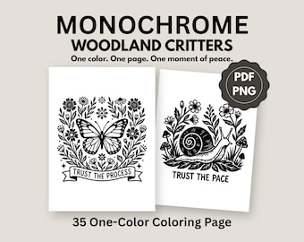 Coloriages monochromes d'animaux des bois : 35 motifs simples (35 modèles PDF au format PNG) pour soulager le stress