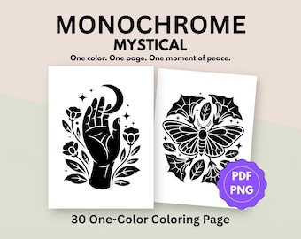 Livre de coloriage mystique monochrome, art botanique, soulagement du stress (lot de 30 fichiers PNG au format PDF)