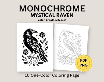Monochroom kleurboek, raaf, eenvoudige kleurplaten voor volwassenen, afdrukbaar (10 pdf, png)