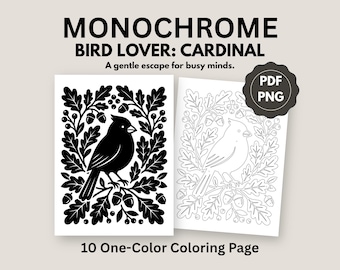 Pages à colorier monochromes du cardinal, art oiseau anti-stress (téléchargement 10 PDF PNG)