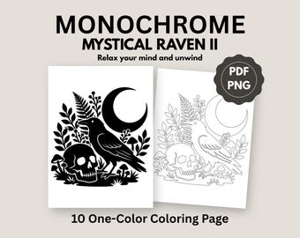 Livre de coloriage monochrome Corbeau mystique | Soulagement du stress, pleine conscience (10 PDF PNG à téléchargement numérique)