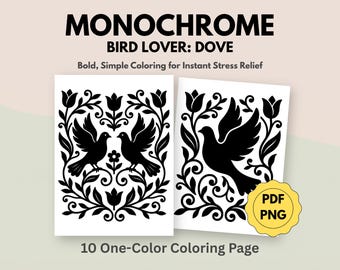 Monochroom duif kleurboek, botanische bloemsierkunst, eenvoudige vogelliefhebber kleurplaten voor volwassenen (10 pdf, png direct te downloaden)