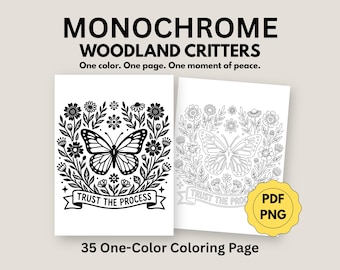 Monochroom Woodland Critters kleurboek, eenvoudige kleurplaten voor volwassenen (pdf, png)
