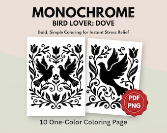 Livre de coloriage colombe monochrome, art botanique floral, soulagement du stress (10 PDF PNG)