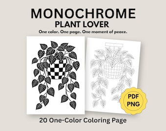 Monochroom plantenliefhebber kleurboek, botanische kunst, eenvoudige kleurplaten voor volwassenen (20 pdf, png-bundel)