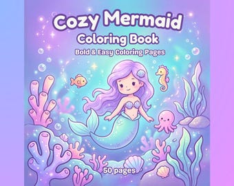 Gezellige zeemeermin kleurboek, kawaii-stijl, 50 vetgedrukte pagina's, eenvoudige kleurplaten voor volwassenen (pdf jpg download)