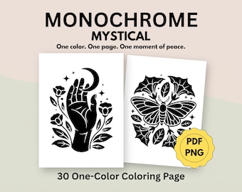 Monochroom mystiek kleurboek, vlinder, eenvoudige kleurplaten voor volwassenen (30 pdf, png-download)