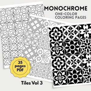 以下が含まれることがあります： MONOCHROME ONE-COLOR COLORING PAGES Tiles Vol 3と題されたモノクロの塗り絵コレクション。PDF形式の35ページで構成され、星や花のモチーフが描かれた様々な白黒の幾何学的なタイルパターンが含まれています。