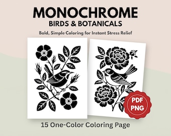 Oiseaux monochromes et livre de coloriage botanique, soulagement du stress minimaliste (15 PDF PNG)