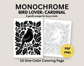 Monochrome kardinaal kleurplaten, kleurplaten Simple Bird Lover voor volwassenen (10 pdf-, png-download)
