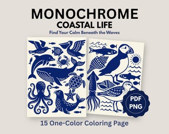 Livre de coloriage monochrome Coastal Life, audacieux et facile à colorier pour adultes (15 PDF PNG)