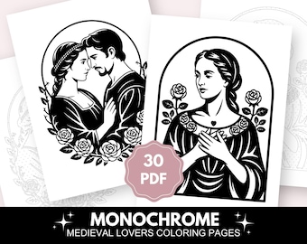 Livre de coloriage monochrome : amoureux de l'époque médiévale, imprimable en pleine conscience (30 PDF)