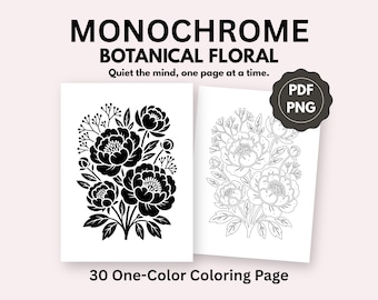 Pages à colorier florales monochromes, dessin au trait botanique, soulagement du stress (lot de 30 (lot de 30 PDF PNG)