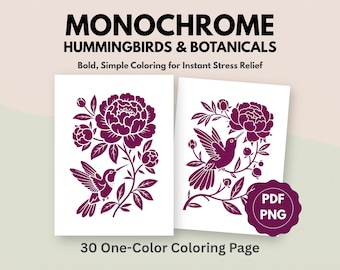 Colibri monochrome à colorier, illustrations botaniques, art thérapeutique (30 PDF PNG)
