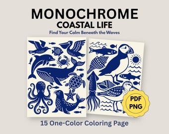 Monochroom kustleven kleurboek, oceaandieren, nautische eenvoudige kleurplaten voor volwassenen (15 pdf, png-download)