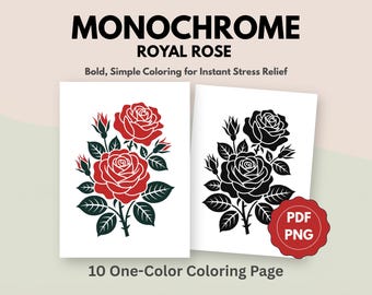Pages à colorier monochromes roses royales, art floral minimaliste (10 PDF PNG)