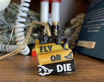 Bookish Dragon Ornament • Fly or Die Bookstack • Fantasy Reader Gift • Cozy Book Decor • 3D Printed Ornament