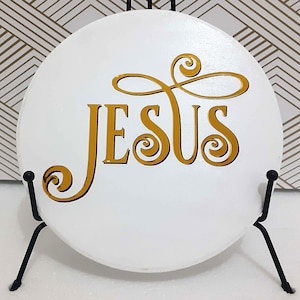 Jesus Cross Round Wood Sign  7x7 White Painted Plaque with Gold & Black Shadow Vinyl  Christian Catholic Wall Decor Modern Faith Home Accent