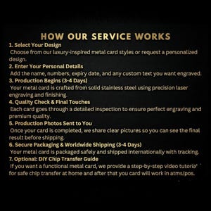 May include: A black background displays text outlining the metal card ordering process. The steps include design selection, personal details, production, quality check, photo sharing, secure packaging, and a DIY chip transfer guide.
Amex Black Card Replica custom stainless steel metal card, engraved luxury novelty wallet card Valentine gift