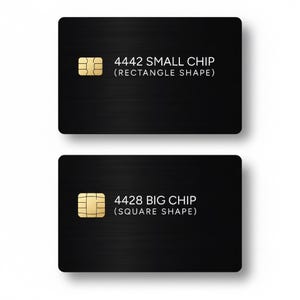 May include: Two black cards with gold chips. The top card reads "4442 SMALL CHIP (RECTANGLE SHAPE)". The bottom card reads "4428 BIG CHIP (SQUARE SHAPE)". The cards have a brushed metal texture.
Custom Amex Black Card metal replica made from stainless steel, engraved luxury novelty card for collectors