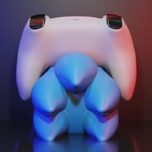 May include: A 3D-rendered sculpture with a white, rounded top and black details, above a cluster of blue, teardrop-shaped forms. The background has a gradient of red and blue.