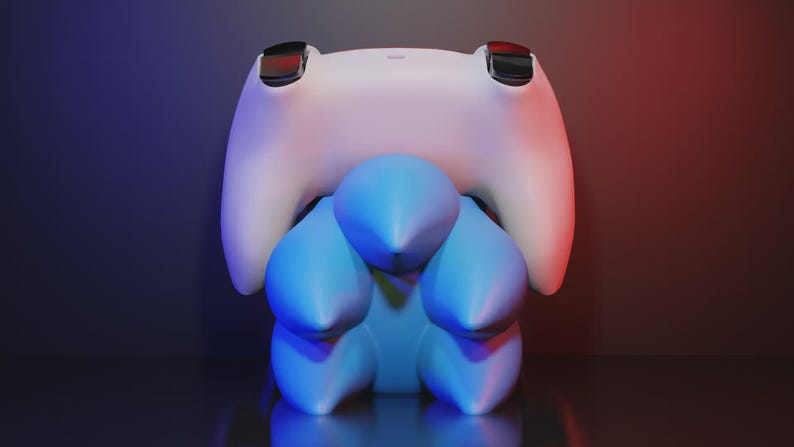May include: A 3D-rendered sculpture with a white, rounded top and black details, above a cluster of blue, teardrop-shaped forms. The background has a gradient of red and blue.