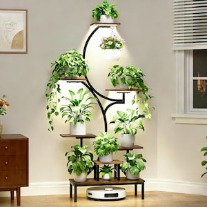 Plant Stand with Grow Lights, 7-Tier Indoor Plant Shelf, 63" Corner Plant Stand with Hanging Hook for Living Room, Black