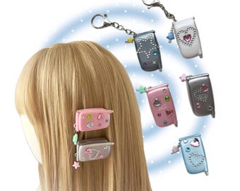 Y2K Flip Phone Keychain | Mini Retro Phone Charm | Kawaii Hiar Clip | 2000s Aesthetic Accessory