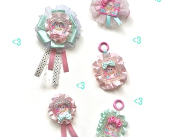 Whimsical Handmade Kawaii Kitten Rosette Brooch | Pastel Ribbon | Hair clip | Keychain | Bag charm