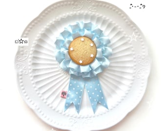 Kawaii Cookie Rosette Brooch | Blue Ribbon Biscuit Badge | Whimsical Bakery Accessory | Cute Handmade Gift