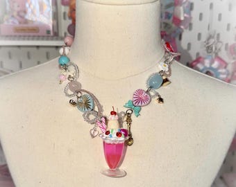 Handmade Dessert Charm Necklace: Pink, Czech Beads & Natural Stone