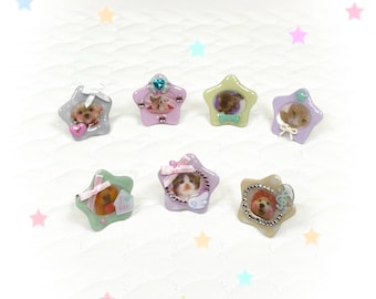 Heart Resin Rings, Kawaii Animal Photo Adjustable Rings, Pastel Indie Jewelry