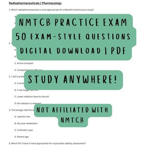 May include: A digital PDF practice exam for the NMTCB, featuring 50 exam-style questions. The image includes the text "NMTCB PRACTICE EXAM," "50 EXAM-STYLE QUESTIONS," "DIGITAL DOWNLOAD | PDF," "STUDY ANYWHERE!" and "NOT AFFILIATED WITH NMTCB."