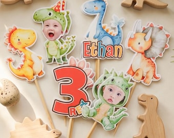 Personalized Dinosaur Photo Cupcake Toppers – Custom Name Party Decor